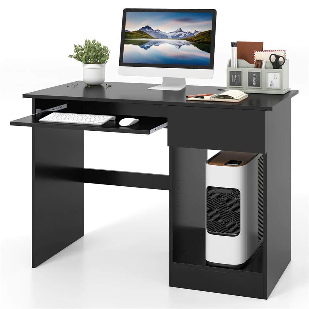 42.5 in. Black Wood Computer Desk with Keyboard Tray Large Drawer and Adjustable Shelf & Cable Hole