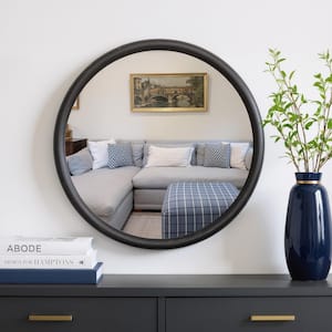 24 in. W x 24 in. H Modern Round Natural Solid Wood Matte Black Finish with Brushed Silver Details Framed Wall Mirror