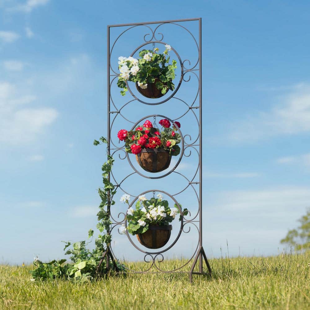 89" Tall Black Metal Trellis with Three Planters