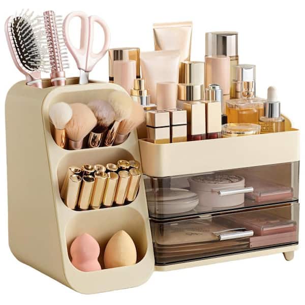 Large Makeup Organizer with Brush Holder for Lipsticks, Nail Polishes, Perfumes, Eyeshadow Palettes, Beige