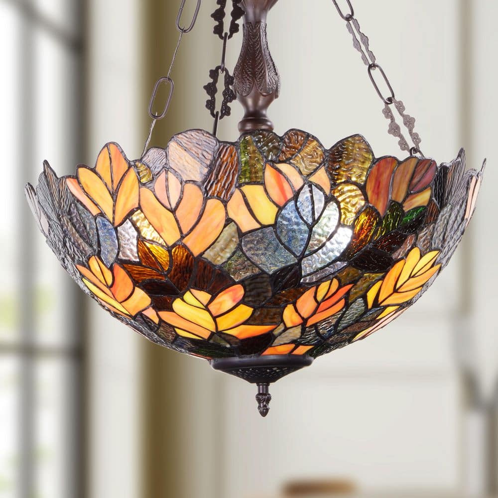 River of Goods Miranda 24.5 in. 3-Light Bronze Pendant Light Chandelier  with Stained Glass Amber Bowl Shade 21618 - The Home Depot, image size:1000x1000