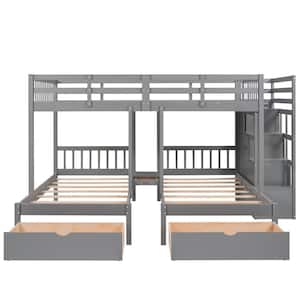 Gray Full Over Twin & Twin Triple Bunk Bed, Wood Triple Bed with Drawers and Staircase