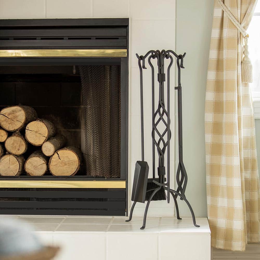 Black Wrought Iron 5-Piece Fireplace Tool Set with Center Weave