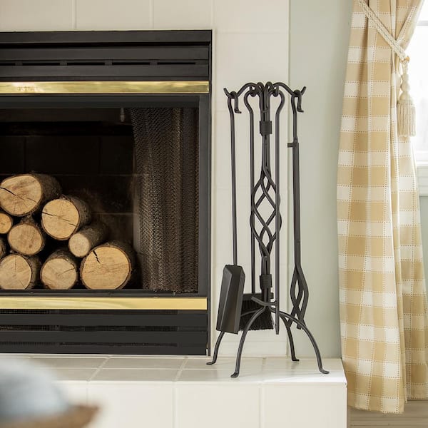 Black Wrought Iron 5-Piece Fireplace Tool Set with Center Weave