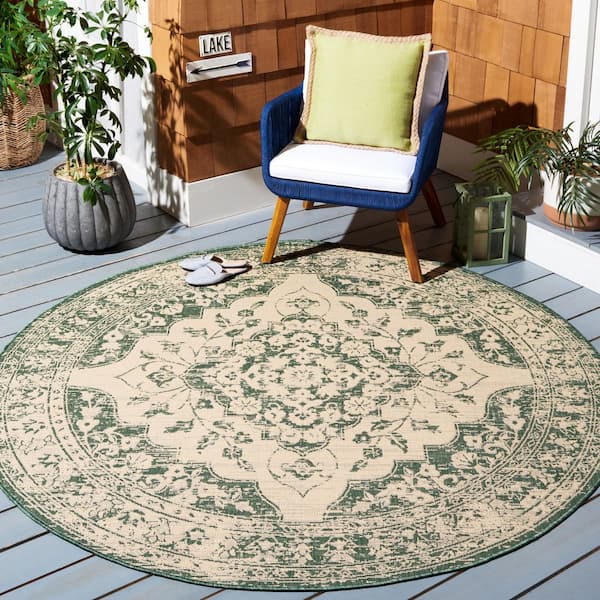 Courtyard Beige/Dark Green 7 ft. x 7 ft. Border Floral Medallion Indoor/Outdoor Round Area Rug
