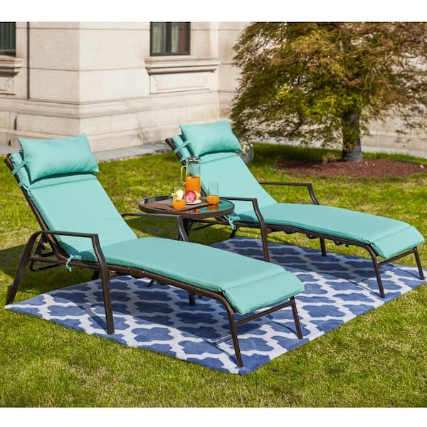 Patio Festival 3-Piece Metal Outdoor Chaise Lounge with Aqua Cushions