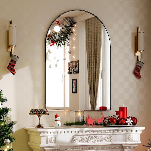 XRAMFY 26 in. W x 38 in. H Arched Black Aluminum Alloy Framed Wall Mirror