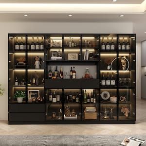 Black Wood 110.2 in. W Display Cabinet With Pop up Tempered Glass Doors, LED Lights, 5 Drawers