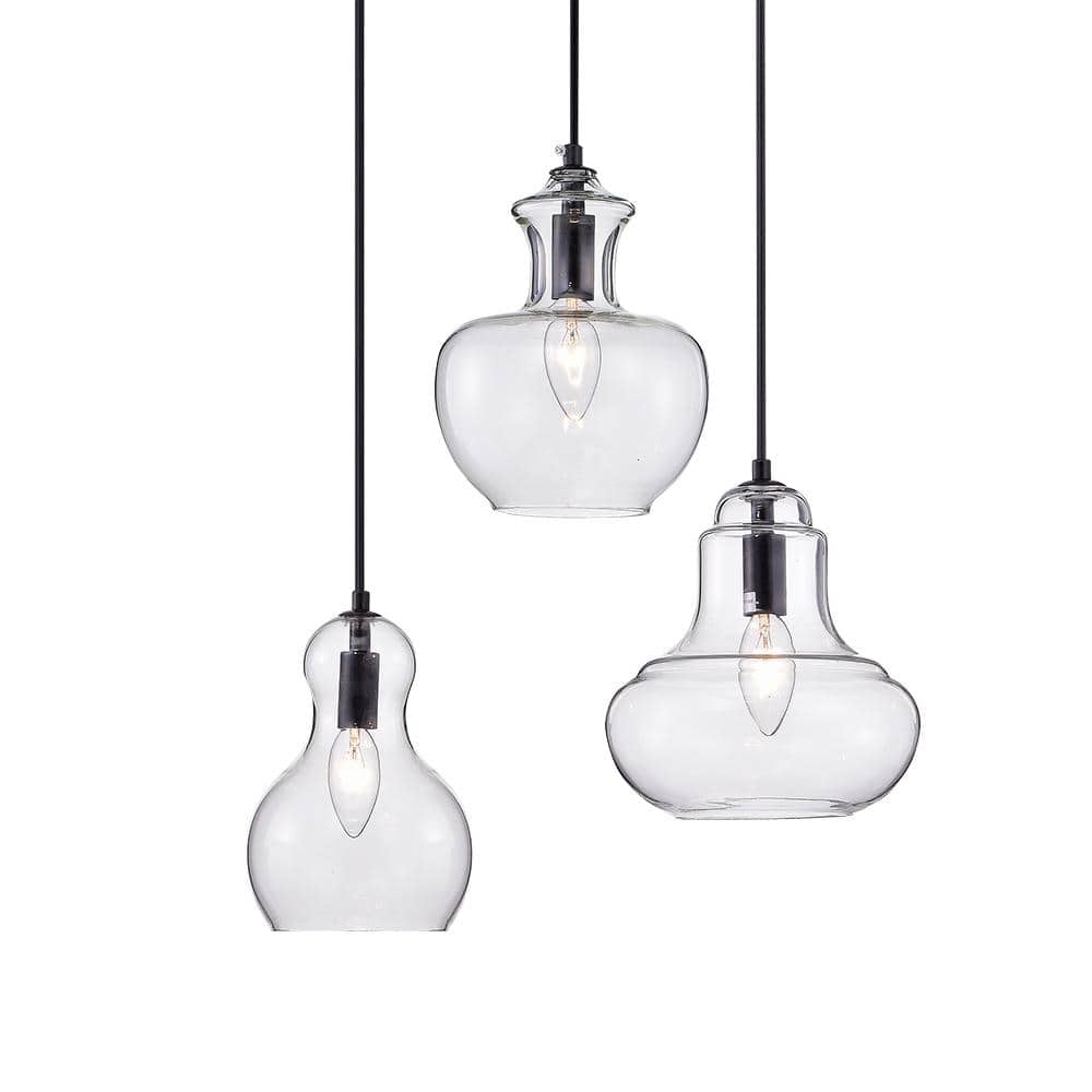 Black Glass 3-Light Gourde Chandelier with Adjustable Height