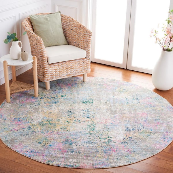 Sequoia Green/Pink 7 ft. x 7 ft. Machine Washable Marble Ornate Round Area Rug
