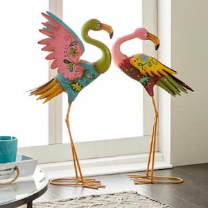 28 in. Large Metal Indoor Outdoor Embossed Standing Flamingo Garden Sculpture with Coiled U Shaped Feet (2- Pack)