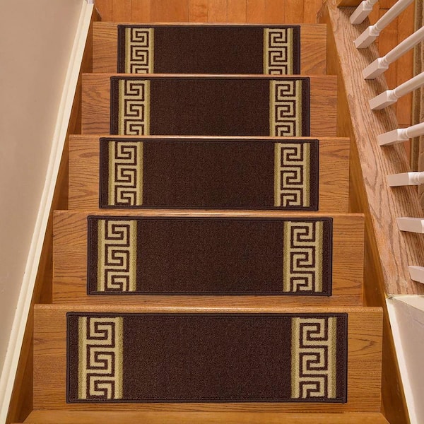 Indoor Meander Greek Design Brown 8.5 in. x 26 in. Stair Tread Cover (Set of 3)