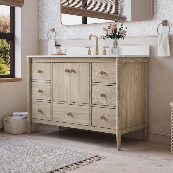 ETHAN 48 in. W x 22 in. D x 35 in. H Freestanding Solid Wood Bath Vanity in OAK with Quartz Top