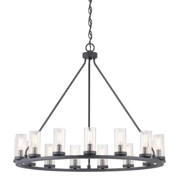 Progress Lighting Hartwell 32-5/8 in. 15-Light Graphite Farmhouse Wagon Wheel Chandelier with Nickel Accents and Clear Seeded Glass