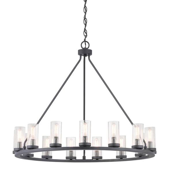 Hartwell 32-5/8 in. 15-Light Graphite Farmhouse Wagon Wheel Chandelier with Nickel Accents and Clear Seeded Glass