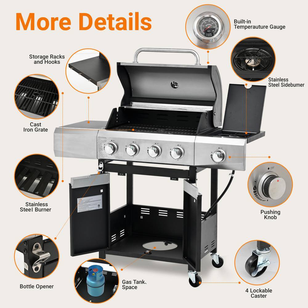 4-Burner Stainless Steel Propane Grill with Side Burner and Cover