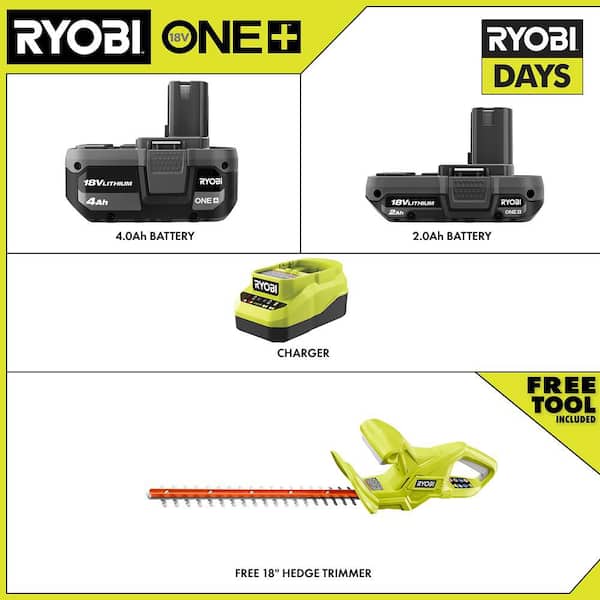 ONE+ 18V Lithium-Ion Starter Kit with 2.0 Ah Battery, 4.0 Ah Battery, Charger, and FREE ONE+ 18” Cordless Hedge Trimmer