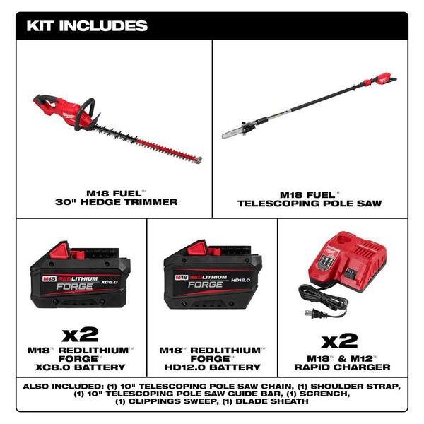 M18 FUEL 10 in. 18V Brushless Cordless Telescoping Pole Saw w/ 30 in. Hedge Trimmer, (2) Batteries, (2) Charger