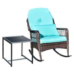 Brown Wicker Outdoor Rocking Chair with Turquoise Cushion Chair and Coffee Table