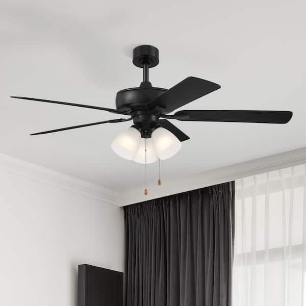 Stellant 52 in. Indoor/Covered Outdoor Matte Black Standard Mount Ceiling Fan with Light Kit and Pull Chain Control