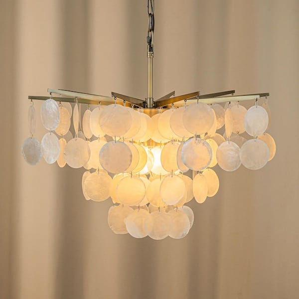 ALOA DECOR 22 in. 4-Light Antique Gold 4-Tier Coastal Capiz Shells Chandelier Penant Ceiling lamp in Cone Shape