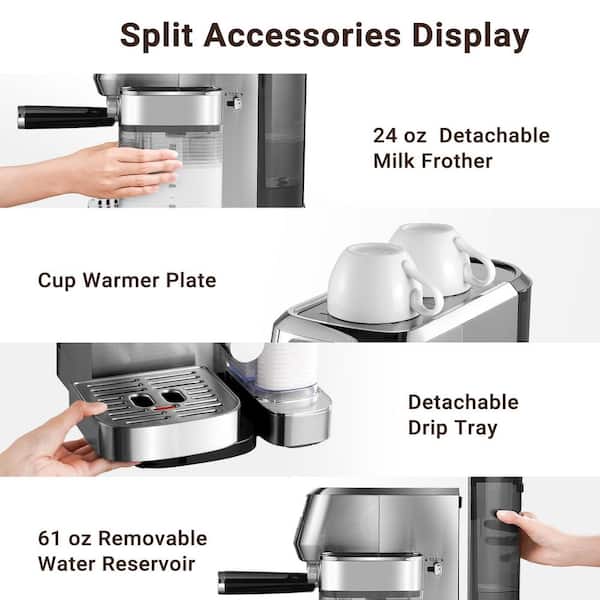 amzchef 14-Cup Espresso Machine, 20-Bar 2-in-1 Grinder and Coffee Maker in Stainless Steel, Upgraded Automatic Milk Frother