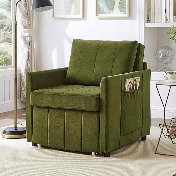 31.5 in. Rolled Arm Chenille Rectangle with Adjustable Backrest, Fold Out Bed and Storage Basket Sofa in Green