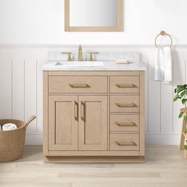 Athea 36 in. Freestanding Sahara Birch Bath Vanity with White Engineered Marble Top, Power Bar and Brushed Gold Hardware