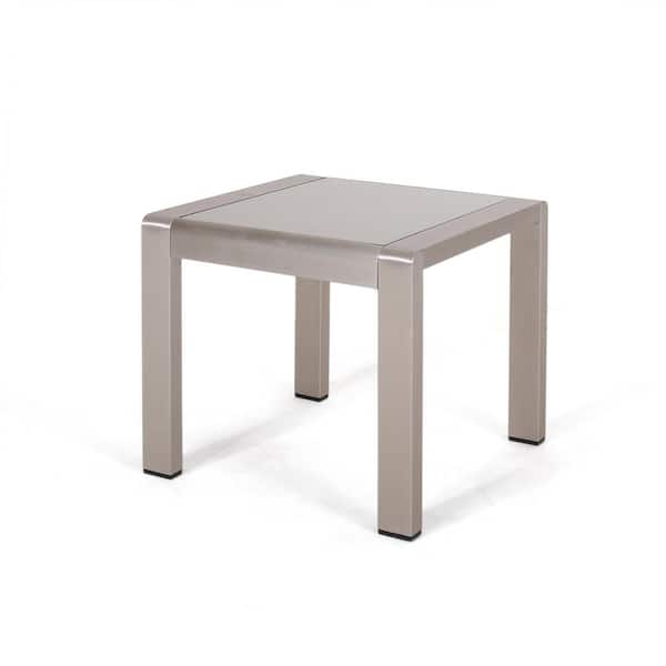 Noble House Cape Coral Silver Square Aluminum Outdoor Patio Side Table with Glass Top