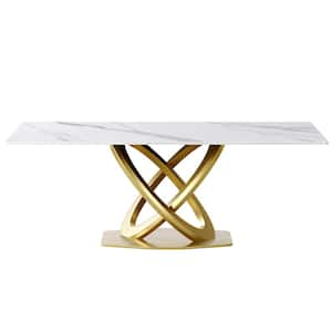 78.74 in. White Sintered Stone Tabletop Gold Cross Legs Dining Table (Seats 8)