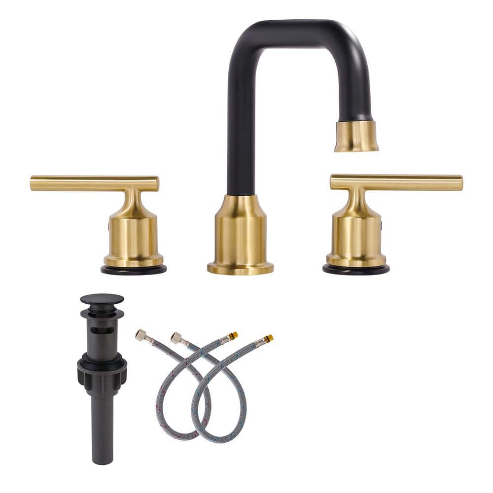 8 in. Widespread 3 Hole Lead-Free Double Handle Bathroom Faucet with Pop-up Drain and Supply Lines in Black and Gold price history on PriceWatchPro