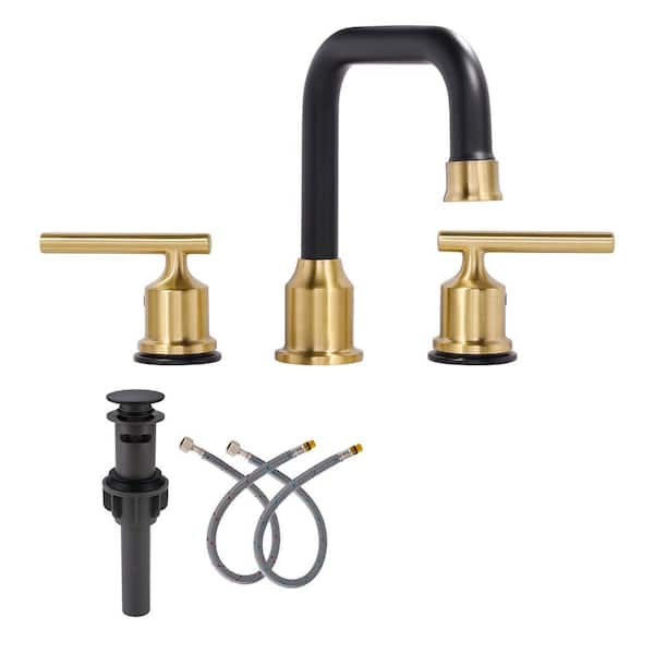AVITAS 8 in. Widespread 3 Hole Lead-Free Double Handle Bathroom Faucet with Pop-up Drain and Supply Lines in Black and Gold