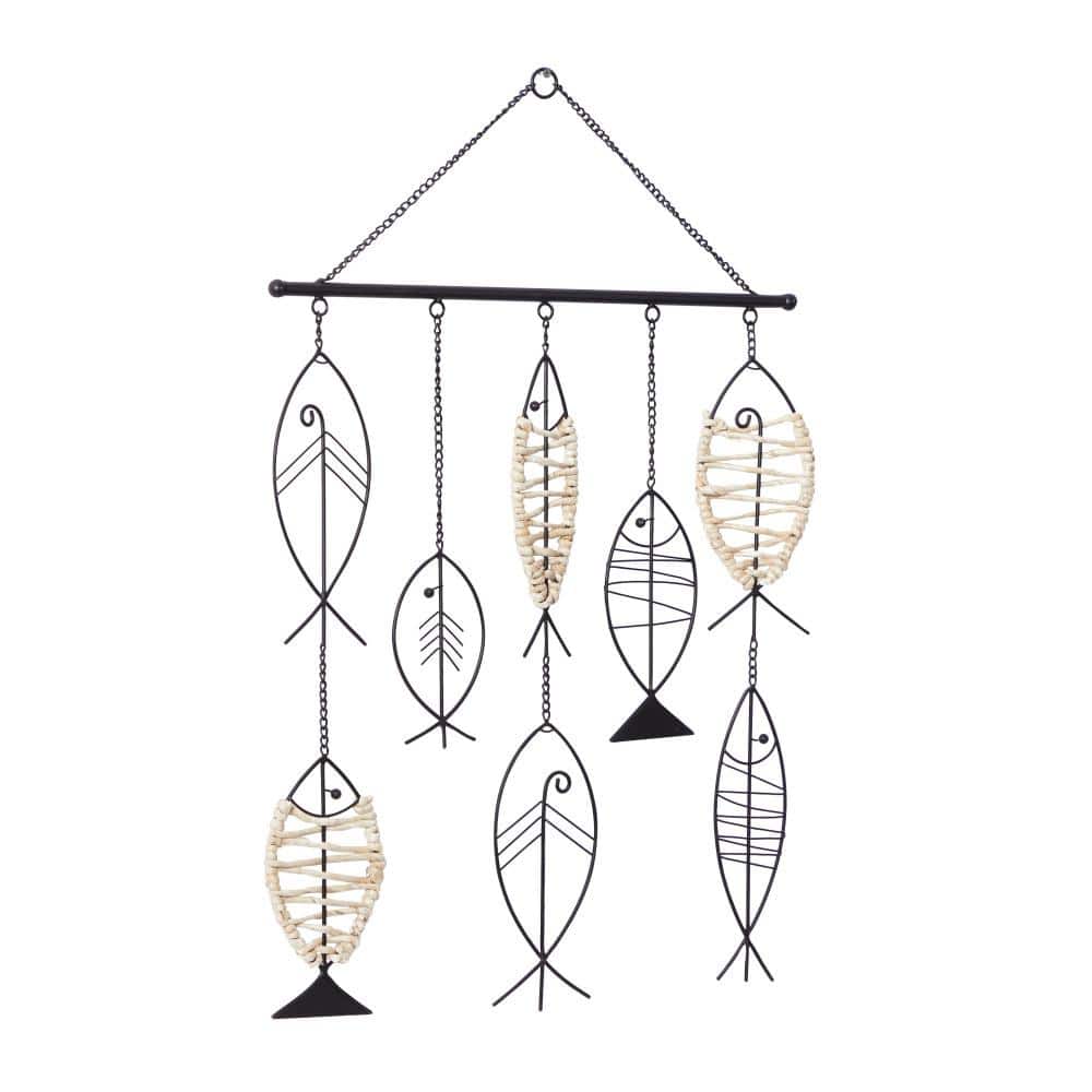 Black Metal and Rattan Coastal Fish Wall Sculpture