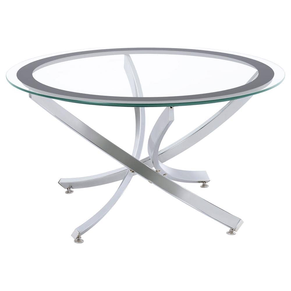 Transitional 35.5'' Round Silver Metal and Black Glass Coffee Table