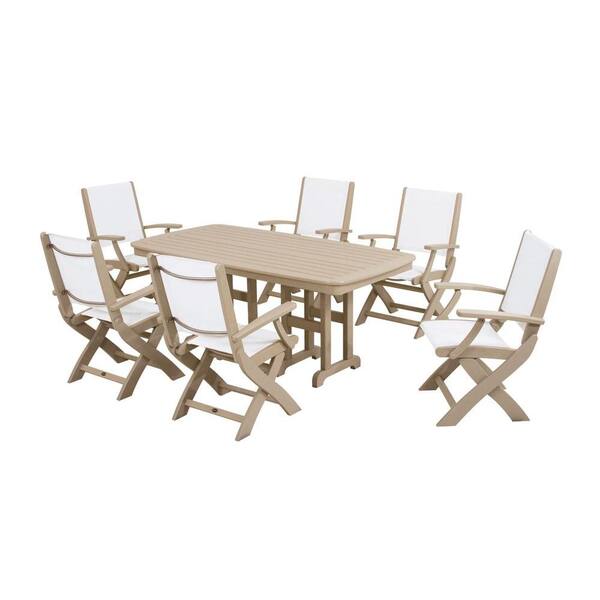 POLYWOOD Coastal Sand 7-Piece Outdoor Patio Dining Set with White Slings