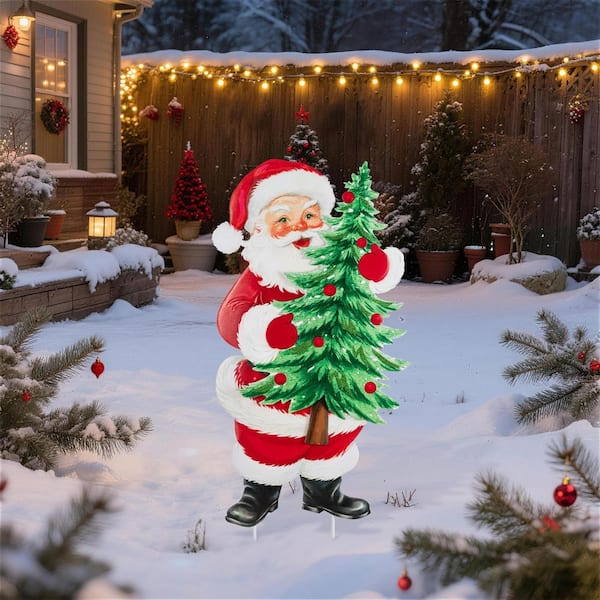 Glitzhome 36 in. H Christmas Metal Santa with Tree Yard Stake