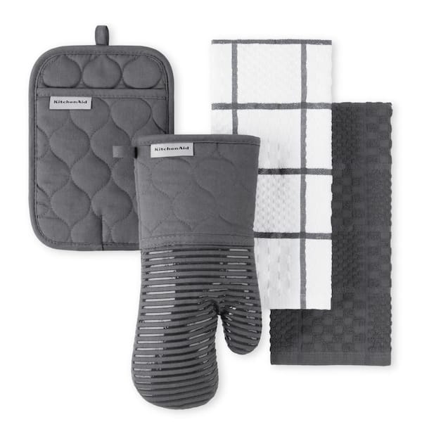 Quilted Cotton Terry Cloth Charcoal Grey Kitchen Towels, Oven Mitt, Potholder 4-Piece