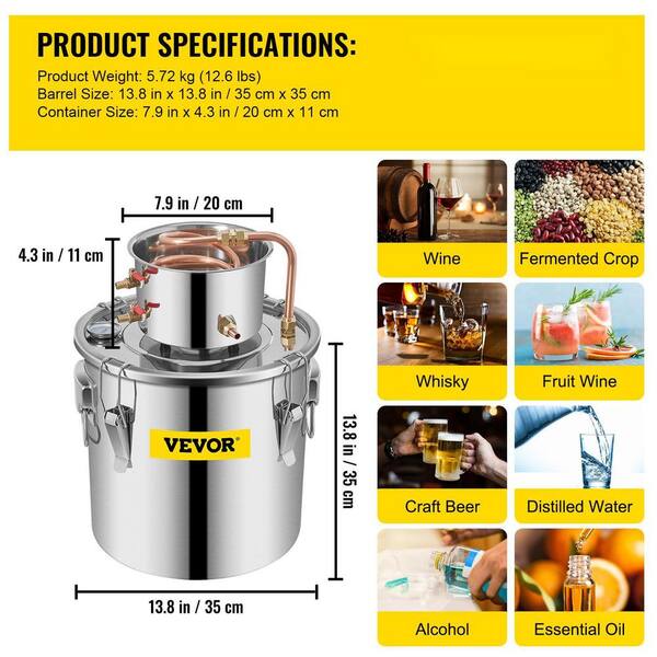 Stainless Steel Thermometer Water Pump Spirits Alcohol Water Distiller Home Brewing Kit Oil Boiler Essential Oils Hydrolat Maker Water Distiller 20L 