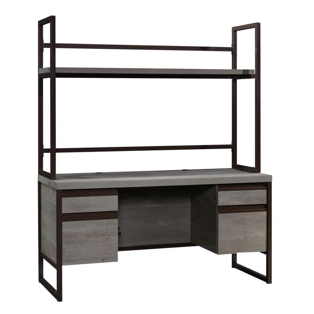 Mystic Oak Gray Wood Computer Desk with Drawers and Filing Cabinet