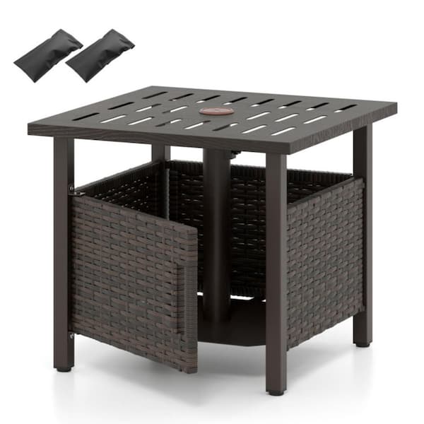 Square Outdoor Side Table with Umbrella Hole and Sand Bags, PE Wicker Patio Umbrella Stand Table for Garden, Backyard