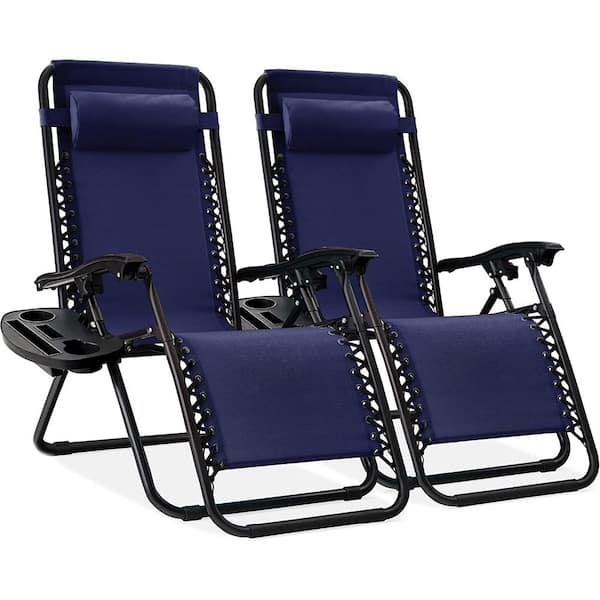 Unbranded Set of 2 Adjustable Steel Mesh Zero Gravity Lounge Chair Reclinerswith Pillows and Cup Holder Trays, Navy Blue