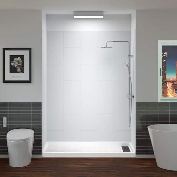 WOODBRIDGE 60 in. L x 32 in. W x 75 in. H 4-Pieces Alcove Shower Kit with Glue Up Shower Wall and Shower Pan in White and White/MB