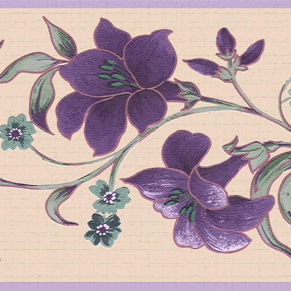 Dundee Deco Falkirk Dandy II Purple Green Flowers on Vines Floral Peel and Stick Wallpaper Border