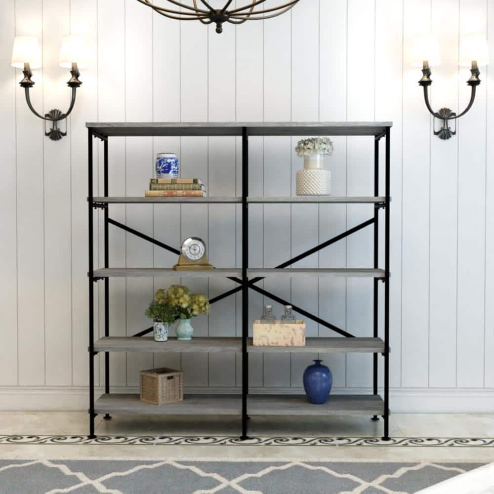 Modern Industrial 60" Gray and Black 4-Tier Bookshelf