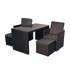 Geneva Black 5-Piece Wicker Rectangle Outdoor Dining Set with Gray Cushions