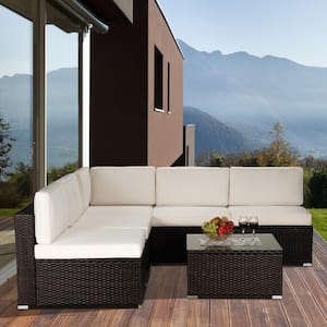 Brown 6-Piece PE Rattan Wicker Patio Conversation Sectional Seating Set with Beige Cushions