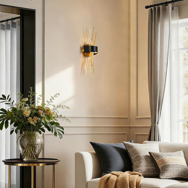 21.7 in. Large 1-Light Black LED Linear Wall Sconce with Hammered Gold Metal Rods Modern Glam Living Room Wall Lighting