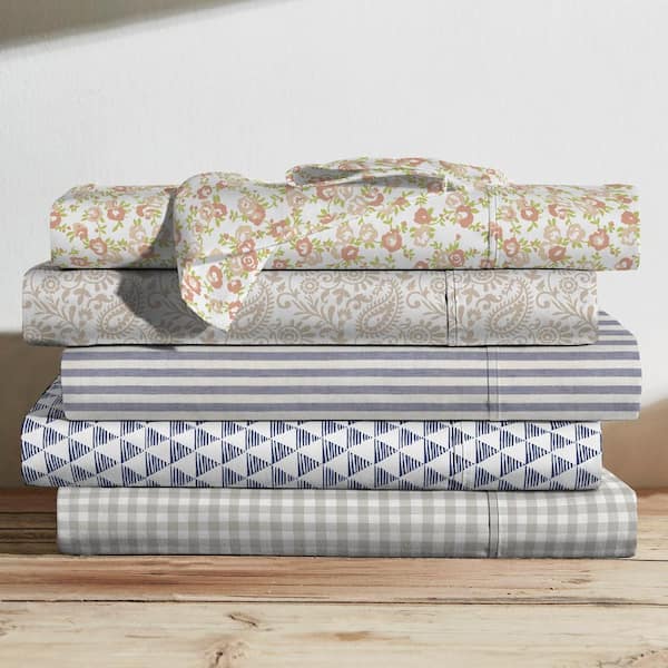 BRIELLE HOME Printed Cotton Sheet Set, Triangles Navy-Twin