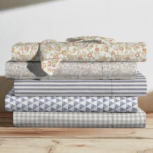 Printed Cotton Sheet Set, Chambray Stripe Light Blue-Queen