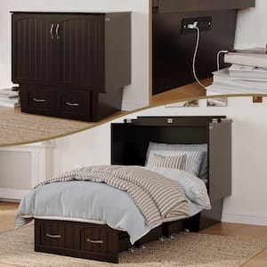 Marina Espresso Brown Solid Wood Frame Twin Murphy Bed Chest with Built-in Charging Station and Storage Drawer